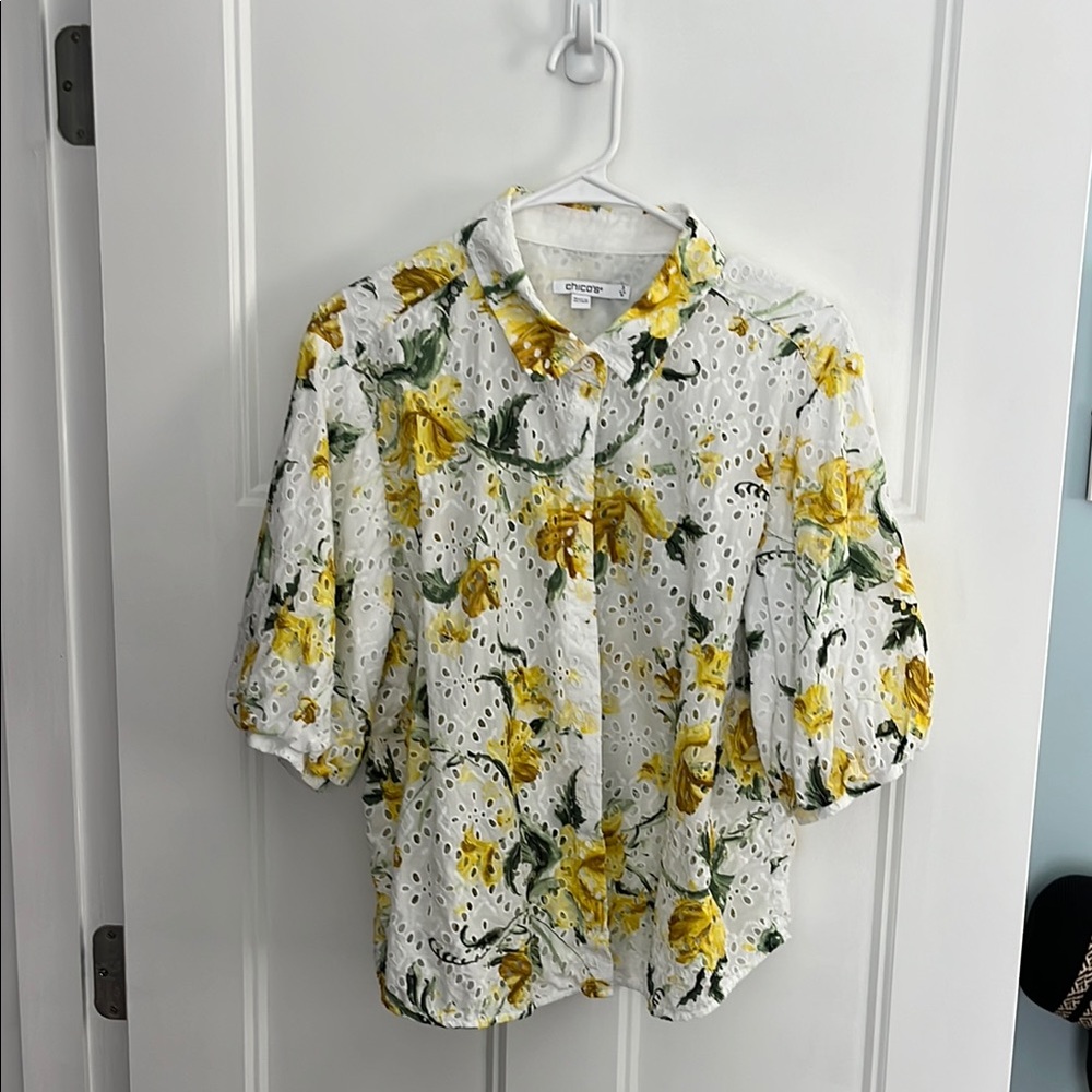 Chico's White and Yellow Floral Eyelet Top